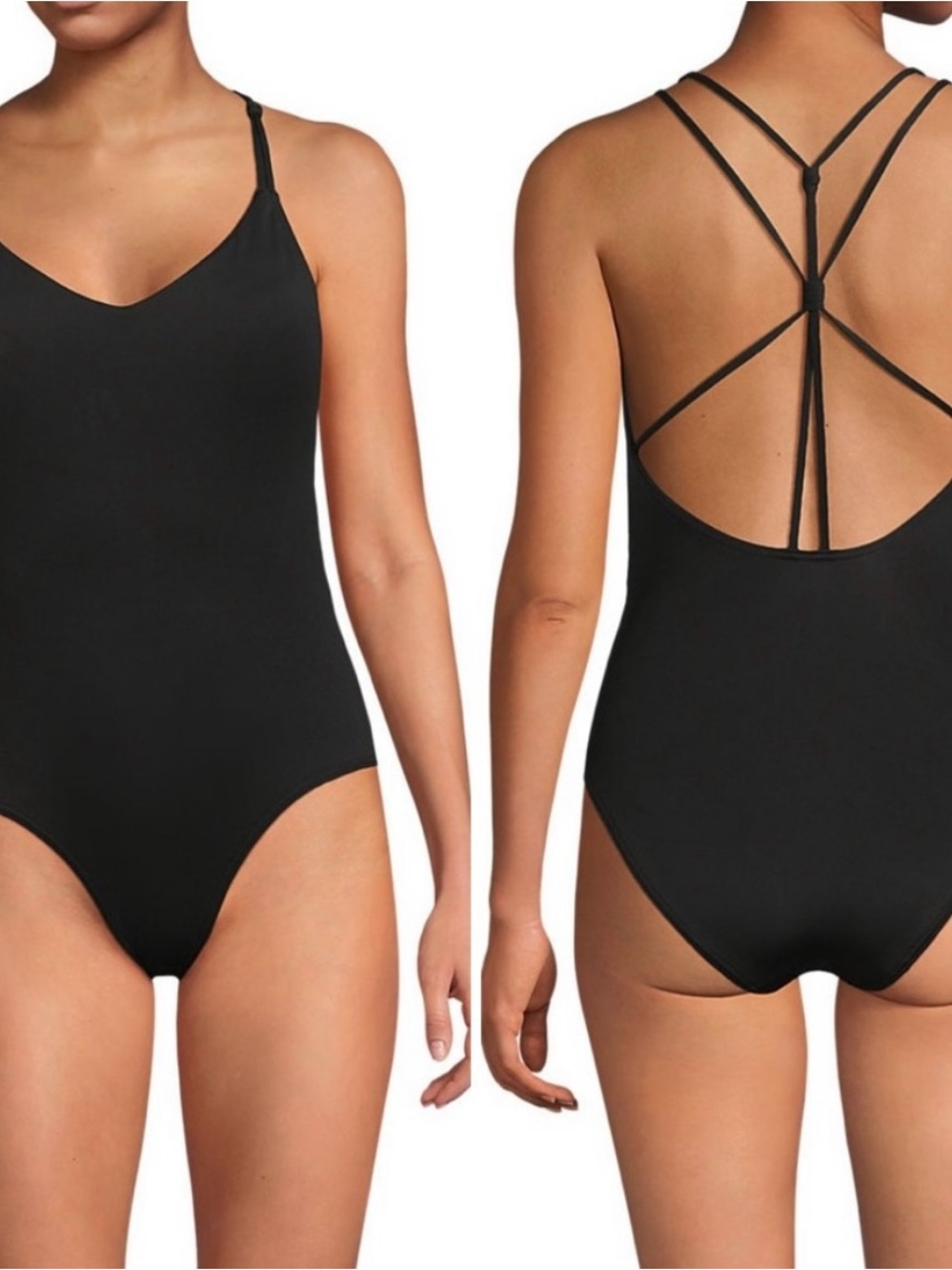 Lands' End Black Strappy Back Tugless Hugh Leg One-Piece Swimsuit